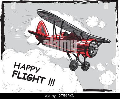 Vektor-Illustration des Reisekonzepts. Retro-Flugzeug-Poster. Altes Modellflugzeug fliegt im Himmel Postkarte. Stock Vektor