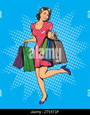 Frau mit Taschen einkaufen. Vektor-Illustration im Comics-Pop-Art-Stil. Werbeplakat zu Sonderangeboten. Stock Vektor