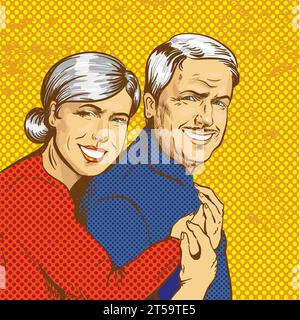 Vektor-Illustration eines lächelnden Reifen Paares im Retro Pop Art Comic Stil. Glückliches Familienkonzept. Stock Vektor