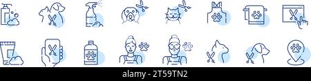 Haustierpflegesalon. Pflege von Katzen und Hunden. Tierärztliche Dienstleistungen. Symbol für Pixelperfekte, bearbeitbare Kontur Stock Vektor