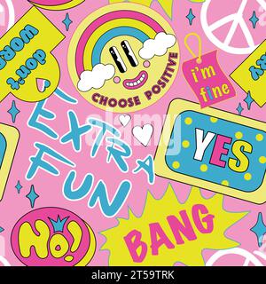 90 Cool Sticker Collage Nahtloses Muster. Lustiges Neonmuster mit Aufnähern im Retro-Millennium-Stil. Cartoon Spaß Lächeln Gesichter, y2k Stil Vektor Illustration. Stock Vektor