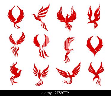 Rote phönixvogel-Ikonen, Feuervogel, der auf Feuerflammenflügeln fliegt, Vektor-Firmenembleme. Phoenix oder kreative Symbole für Falken, Falken und Adlervögel für Modemarken oder Luxusboutique-Labels Stock Vektor