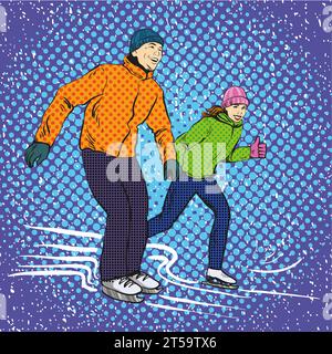 Mann und Frau Schlittschuhlaufen. Vektor-Illustration im Pop Art Retro-Stil. Wintersport-Urlaubskonzept. Paare verbringen Zeit zusammen auf der Schlittschuhbahn. Stock Vektor