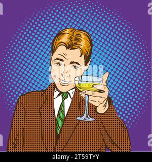 Geschäftsmann mit einem Glas Champagner feiert einen geschlossenen Deal. Cheers und Party Konzept Vektor Illustration im Retro Pop Art Comic Stil. Stock Vektor
