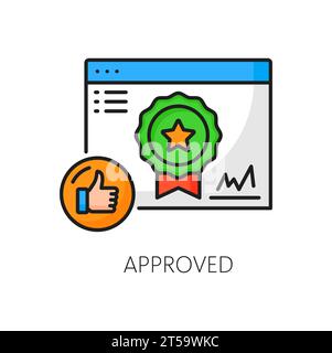 Genehmigt. Web-Audit-Symbol der Website mit Farblinie mit Prämienzeichen, Stern und Farbband. Vektor-SEO-Analysebericht Genehmigung, Webinhalte, technisch, Sicherheit, Link, Design, Ergebnisse der Prüfung durch Wettbewerber Stock Vektor