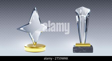 Set aus 3D-Kristall-Trophäen-Modellen, isoliert auf transparentem Hintergrund. Vektor-realistische Illustration von Stern, Rautenform Gewinner Auszeichnungen auf goldenen und Stein Plattformen, Championpreis, Leistung Stock Vektor