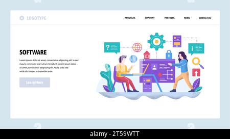 Vektor-Website-Designvorlage. Entwicklung von Softwareprojekten. Ein Team von Programmierern arbeitet zusammen. Landing-Page-Konzepte für Website- und mobile Entwicklung. Stock Vektor