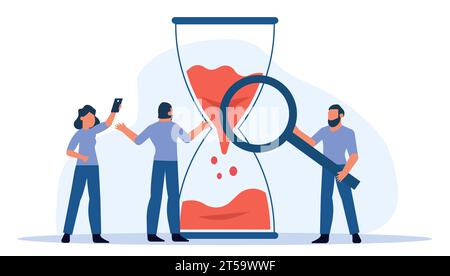 Flache Vektor-Illustration eines männlichen Managers, der eine Gruppe junger Geschäftsleute in einem erfolgreichen Teamwork-Meeting führt, mit einer Sanduhr, die Zeit A symbolisiert Stock Vektor