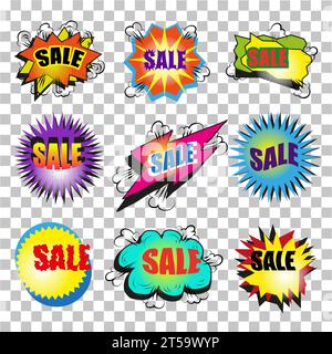 Vektor Vintage Pop Art Verkauf Sprechblase Set. Verkaufskonzept in komischer, spitzenförmiger Form auf transparentem Hintergrund. Stock Vektor