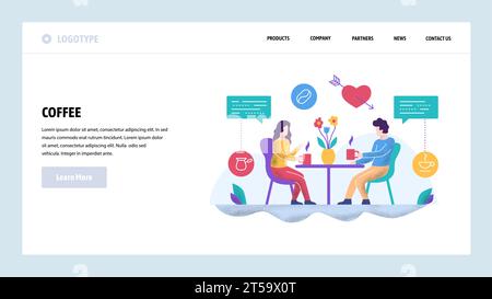Vektor-Website-Designvorlage. Ein Paar auf einem Date, das Kaffee trinkt. Landing-Page-Konzepte für Website- und mobile Entwicklung. Moderne flache Illustration. Stock Vektor