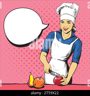 Schöne Frau kocht. Vektor-Illustration im Retro-Pop-Art-Stil. Küchenchefin in Uniform. Restaurantkonzept. Stock Vektor