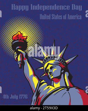 Alles Gute Zum Unabhängigkeitstag, 4. Juli. Poster zum Konzept der US-Feiertage. Vektor-Illustration im Retro-Pop-Art-Stil. Amerikanische Freiheitsstatue. Stock Vektor