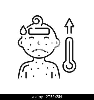 Krankes Kind mit Windpocken mit hoher Temperatur und Kopfschmerzen Umrisssymbol. Vektor-Hautkrankheit, juckende Hautausschläge auf der Haut des Babys. Junge mit Masern Stock Vektor