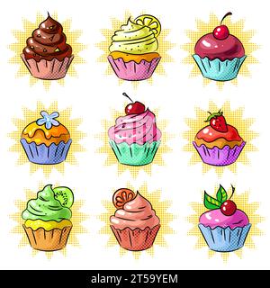 Vector Pop Art köstliche Cupcake Set. Schokolade, Obst, Vanillemuffins Vintage-Illustration im Skizzenstil. Leckere Cupcake Patches, Stickersammlung. Stock Vektor