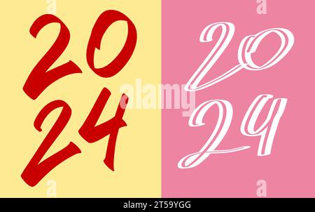 Frohes neues Jahr 2024. Text-Design-Logo. Zeichenvektor von Hand Stock Vektor