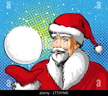 Vektor-Pop-Art-Illustration des Weihnachtsmanns, der Schneeball zeigt Stock Vektor
