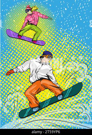Mann und Frau Snowboarden in den Bergen. Vektor-Illustration im Pop Art Retro-Stil. Wintersport-Urlaubskonzept Stock Vektor