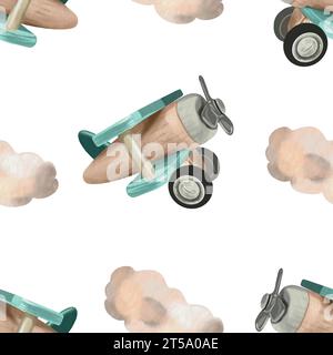 Spielzeug Flugzeug und Wolken. Nahtloses Vektormuster. Aquarell. Grußkarten, Einladungen, Geschenkpapier, Babydusche, Kinderzimmertapete. Stock Vektor