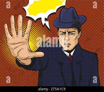 Vektor Vintage Pop Art Illustration von Stop Gesturing Mann Stock Vektor