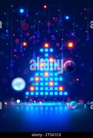 Weihnachtsbaum auf Weihnachtsposter im Computertechnik-Stil. Neujahr, frohe weihnachten Glückwunschkarte im Computerdesign. Vorlage Chri Stock Vektor