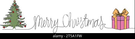 Ununterbrochene einzeilige Zeichnung der handgeschriebenen Wörter FROHE WEIHNACHTEN mit weihnachtsbaum und Geschenkbox, Linie Art Vektor Illustration Stock Vektor