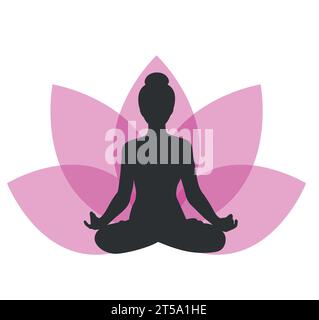 Silhouette einer Frau, die in Lotusposition auf Lotusblütenhintergrund sitzt. Mädchen, das Yoga macht und meditiert. Meditation und gesunder Lebensstil. Vektor i Stock Vektor