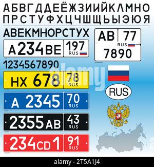 Russland Autokennzeichen, Buchstaben, Zahlen und Symbole, Vektorillustration, europäisches und asiatisches Land Stock Vektor