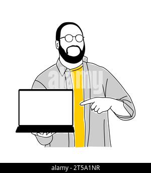 Mann, der Laptop hält und auf den Vektor zeigt. Stock Vektor