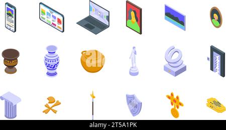 Icons für Online-Kunstgalerien legen den isometrischen Vektor fest. Virtueller Computerrundgang. Digitaler Tourismus Stock Vektor