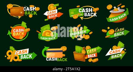 Cash-Back-Coin-Bonussymbole, Symbole für Rückerstattungen oder Rabatte, Vektorsymbole. Symbol für Kreditkarten-Cashback, Werbebanner für Prämien, Bonusrückerstattungen oder Rabatte im Online-Shop mit goldenen Münzen Stock Vektor