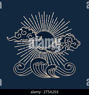 Sonne, Wolken und Meereswellen. Vektor-Illustration im asiatischen Vintage-Stil. Grafisches Goldmuster. Für Poster, Postkarten, Banner, Designelemente, Drucksachen Stock Vektor