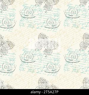 Vintage-Muster mit Schnecken- und Schmetterlingssilhouette und Lorem ipsum-Text, Vintage-Tapete. Vektorabbildung Stock Vektor