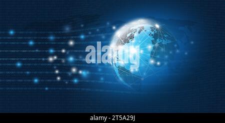 Abstraktes Blue Modern Style Cloud Computing, Netzwerke, Telekommunikation Konzept Design mit polygonalem Netz, leuchtenden Linien von Binärcode und Earth GL Stock Vektor