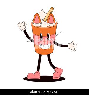 Grooviger Aufkleber in Form einer Einweg-Kaffeetasse. Retro-Zeichentrickkatzenfigur mit Ohren und Schnurrbart. Vektorabbildung isoliert auf einem weiß Stock Vektor