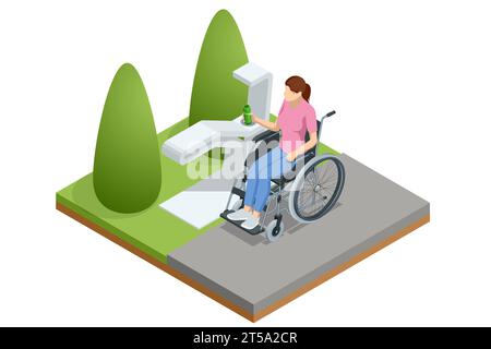 Isometrische Trinkwasserfüllstation, Nachfüllflasche und wiederverwendbare Flasche. Umweltfreundlich. Kostenlose öffentliche Auffüllstation für Wasserflaschen. Die ECO-Filtration Stock Vektor