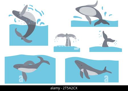 Set mit Walen, World Whale Day Banner oder Karte, Ökologie Konzept stoppen Meeresverschmutzung und sagen nein zu Plastik, Vektor Illustration Stock Vektor