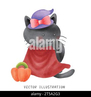 Tauchen Sie ein in eine Welt der Halloween-Magie mit dieser entzückenden Aquarellillustration. Eine süße schwarze Katze, verkleidet als Vampir, mit einer rosa Schleife und Stock Vektor