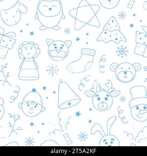 Nahtloses Doodle-Muster am Weihnachtsabend. Handgezeichnete Weihnachtsfiguren und Winterelemente. Neujahrsdruck für Geschenkpapier, Textil, Stoff, Tapeten Stock Vektor