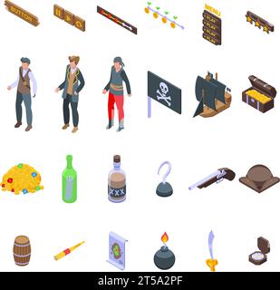 Piratenspiel-Symbole setzen isometrischen Vektor. Juwelenpiraterie. Kastenwaffe Stock Vektor