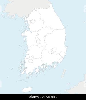 Leere Vektorkarte von Südkorea mit Provinzen, Metropolen und Verwaltungsbereichen sowie Nachbarländern. Bearbeitbar und übersichtlich im Labor Stock Vektor