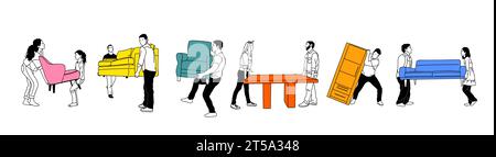 Set aus verschiedenen Personen mit verschiedenen Möbeln. Stock Vektor