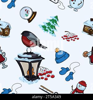 Helles nahtloses Vektor-Muster für Geschenkpapier mit Winterelementen auf hellem Hintergrund Stock Vektor