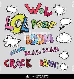 Vektorsatz von Comic-Text. Illustration im Pop-Art-Stil. Sprachblasen für verschiedene Emotionen und Effekte Stock Vektor