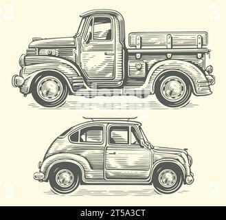 Handgezeichneter Retro-Truck und Auto im Skizzenstil. Vektor-Illustration für den Vintage-Transport Stock Vektor