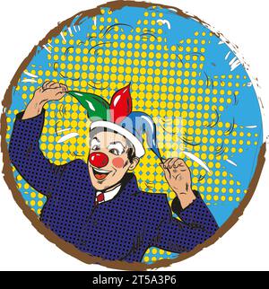 Vektor-Illustration von Geschäftsmann Clown im Narrenhut, Pop Art Stock Vektor