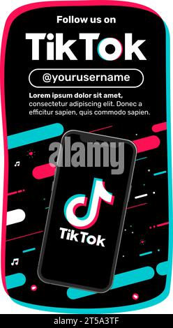 Smartphone mit TikTok-Logo auf dem Bildschirm. Unterhaltung, kurzes Video, soziales Netzwerk. Vektorillustration mit Teenager-Konzept. Flache Farben. Stock Vektor