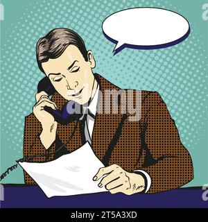 Geschäftsmann spricht telefonisch und liest Dokumente. Vektor-Illustration im Retro Pop Art Comic Stil Stock Vektor
