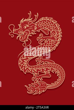 Chinesisches Neujahr des Holzdrachen. Helles Vektor-Vintage-Banner mit Goldmuster, asiatischer Stil. Antikes Muster. Für Poster, Banner, Flyer, Werbung Stock Vektor