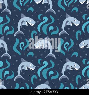 Der süße Haipirat lacht. Verankern Sie das Tattoo auf der Flosse. Kinder-Zeichentrickfigur. Abenteuer und Reisen, Flotte. Nahtloses Muster in flachem Stil. Für Tapeten Stock Vektor