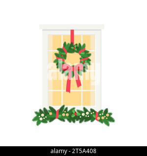 Niedliches Fenster mit Tannenzweigen und Weihnachtskranz verziert, isoliert auf weißem Hintergrund. Außenkonzept für Haus. Flacher Cartoon-Style. Vektor krank Stock Vektor